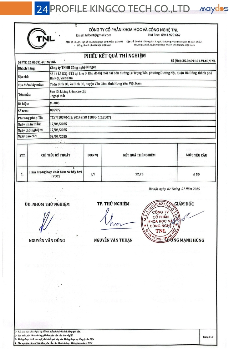 SƠN LÓT KHÁNG KIỀM NGOẠI THẤT MAYDOS: LÁ CHẮN BẢO VỆ ÂM THÂM· CHO CÔNG TRÌNH Chứng nhận Sơn lót kháng kiềm ngoại thất